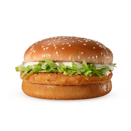 Frango empanado, maionese, alface americana e pão com gergelim.