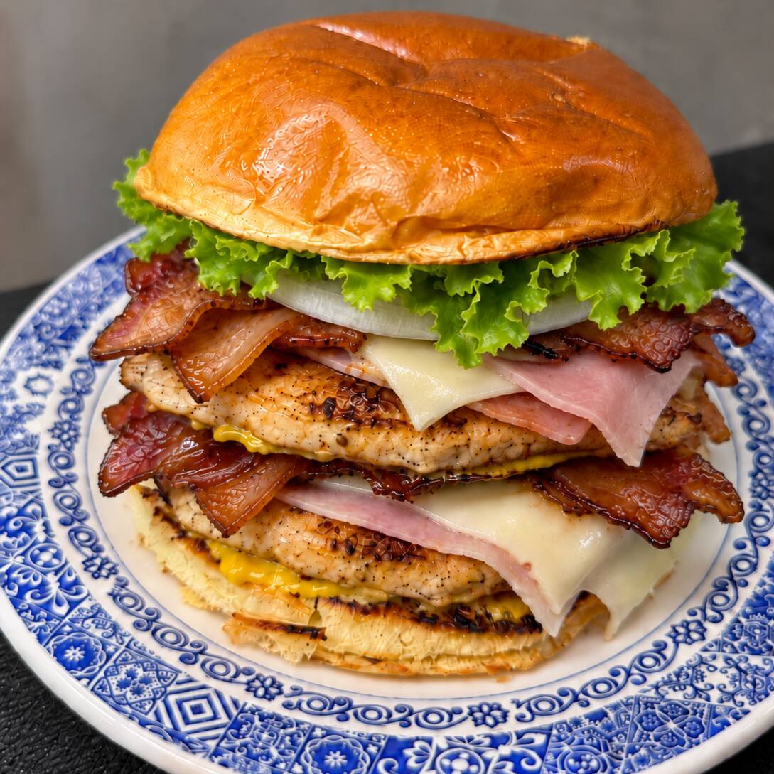 PAO GOURMET
FILE DE FRANGO - 2X
MUSSARELA - 2X
PRESUNTO - 2X
BACON - 2X
CHEDDAR
ALFACE