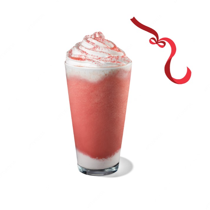 "Frappuccino na base café, leite, calda de Red Velvet e gelo batido. Finalizado com chantilly de baunilha e topping de Red Velvet.
*O chantilly pode derreter durante a entrega.*"