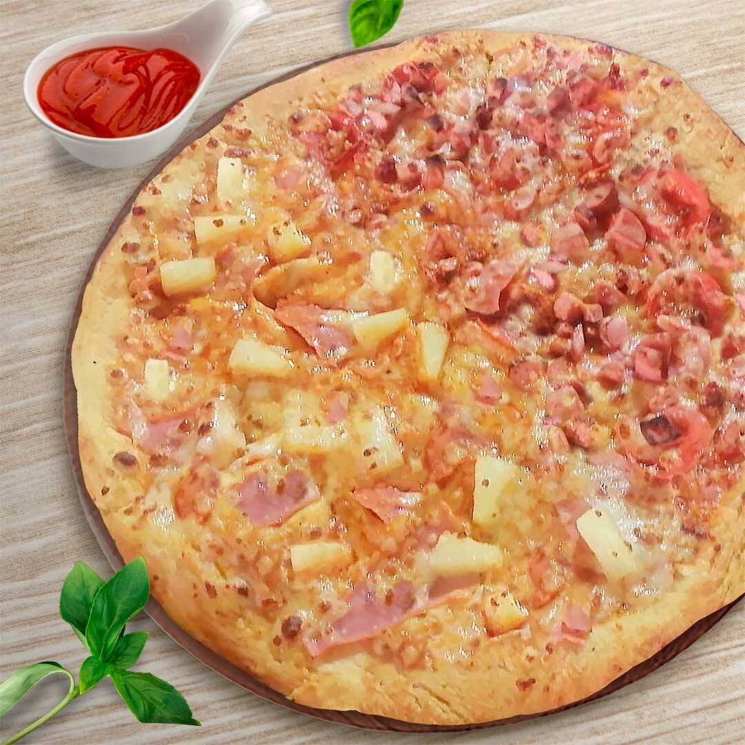 pizza grande 38cm mitad carnes frias mitad hawaian