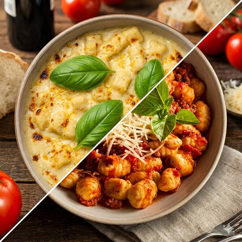 Porção individual de 400g. Massa de nhoque artesanal, feita com batatas selecionadas, é macia e leve, sem conservantes e coberta com irresistível molho à bolonhesa (feito com tomates frescos e carne selecionada) ou com o delicioso molho de 4 queijos, composto por Catupiry, gorgonzola, parmesão e provolone.