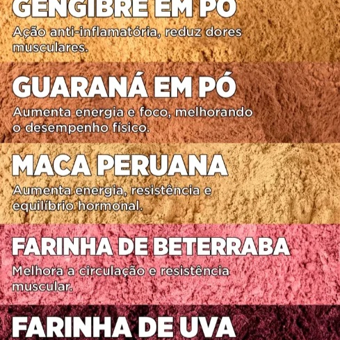 o kit é composto por 50g de beterraba em po - 50g de guarana em po - 50g de maca peruana - 50g de gengibre em po - 50g de farinha de uva