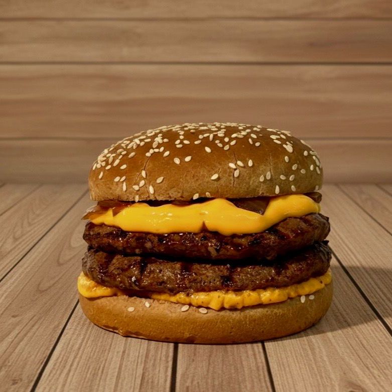 Pão, 2 carnes de picanha 120g, queijo, presunto, cheddar, calabresa, bacon, maionese de alho, barbecue, 4 aneis de cebola, requeijão e batata palha