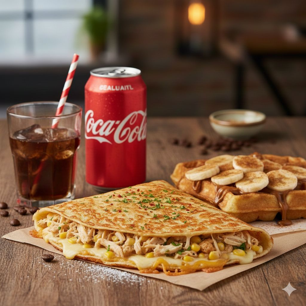 Frango, queijo prato, Catupiry, milho verde, tomate e orégano, Waffles de Nutella com Banana