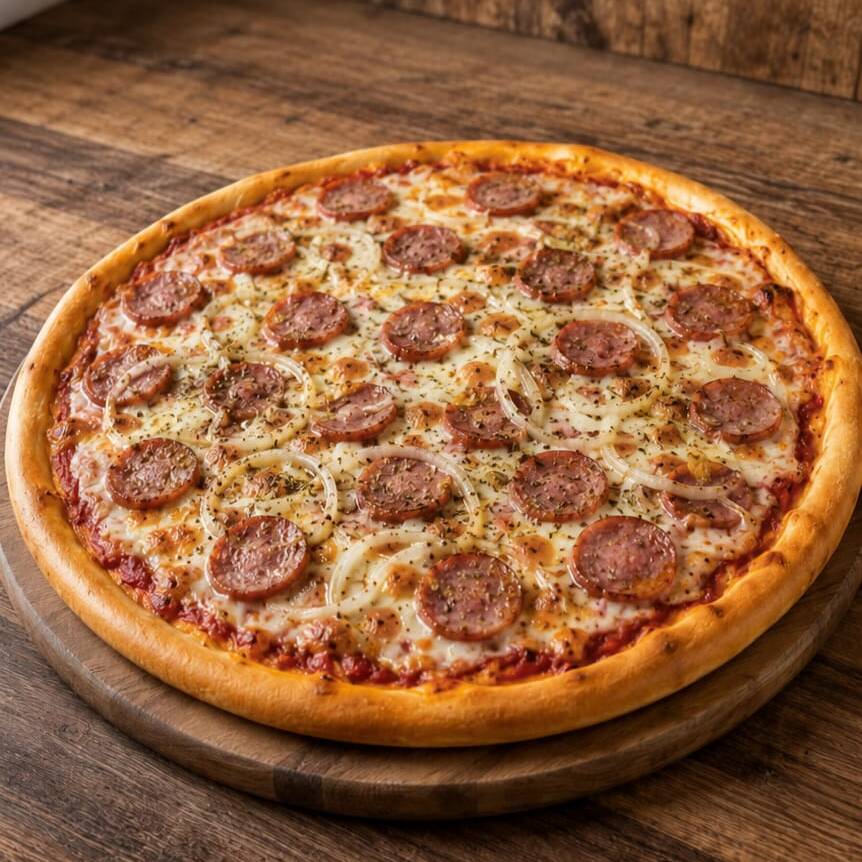 Pizza Média de Calabresa 30cm ( 8 fatias ).
-----tags-----
esfiha, muhammara, comida árabe, culinária síria, artesanal, gourmet, delivery, almoço, jantar, lanche, assado, forno, especialidade da casa, ingredientes frescos, sabor oriental