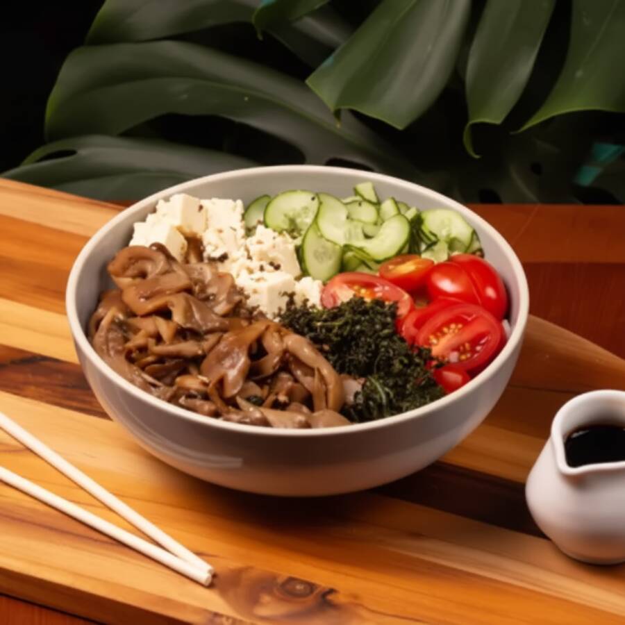 Shimeji grelhado, tofu, arroz japonês temperado (shari), tomate sweet grape, sunomono, crisp de couve e molho tradicional. Não é possível trocar nenhum ingrediente neste poke.