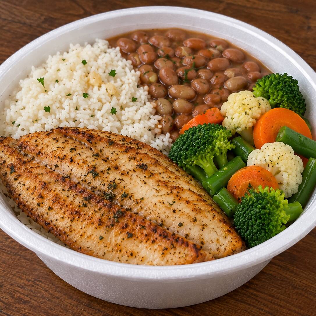 Delicioso filé de tilápia grelhado com nosso mix de temperos, legumes à vapor, arroz e feijão fresquinhos, à parte receba um limãozinho para jogar em cima do seu peixe.