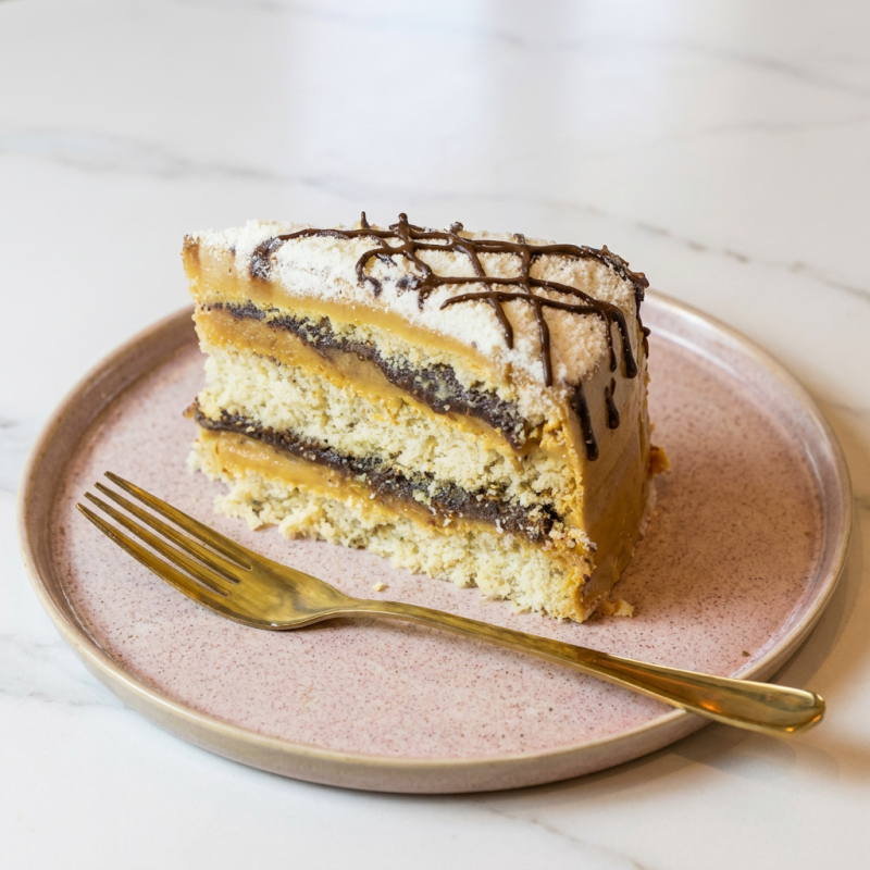 Bolo simplesmente divino! Tipo Ninho com Nutella, com massa proteica de baunilha sem glúten e whey protein, recheado com brigadeiro de pasta de avelã e brigadeiro de Ninho. Uma opção deliciosa e sem açúcar, perfeita para os amantes de sabores marcantes. Informação Nutricional (100g): Valor Energético 195 kcal, Carboidratos 19g, Proteínas 13g, Gorduras Totais 14g (Saturadas 8g), Fibra Alimentar 1g e Sódio 72mg. Lista de Ingredientes: Massa (gordura vegetal, ovos, whey protein, farinha de arroz, farinha de castanha de caju, polvilho doce), recheio (pasta de amendoim sabor avelã zero e leite condensado diet), cobertura (leite em pó e leite condensado diet) e adoçantes (stevia, sucralose, sorbitol, maltitol). Alergênicos: Contém leite e derivados, ovos, castanha de caju, amendoim e amêndoas. Pode conter traços de: soja. Informação Adicional: Não contém glúten. Sem açúcar.