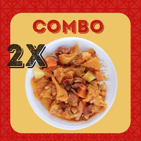 2 Refeições de dobradinha acompanhadas de arroz e farofinha