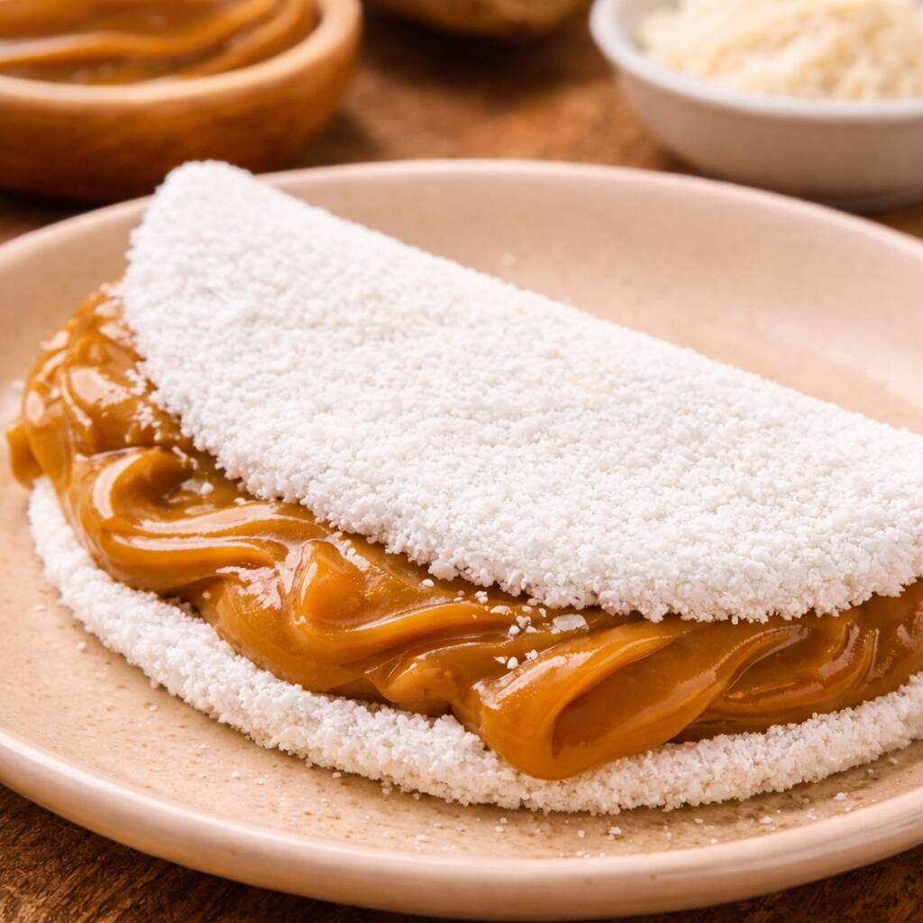 Tapioca quentinha e macia, recheada com doce de leite cremoso e irresistível, garantindo um sabor doce na medida certa a cada mordida. Uma opção clássica, simples e perfeita para sobremesa ou lanche especial!