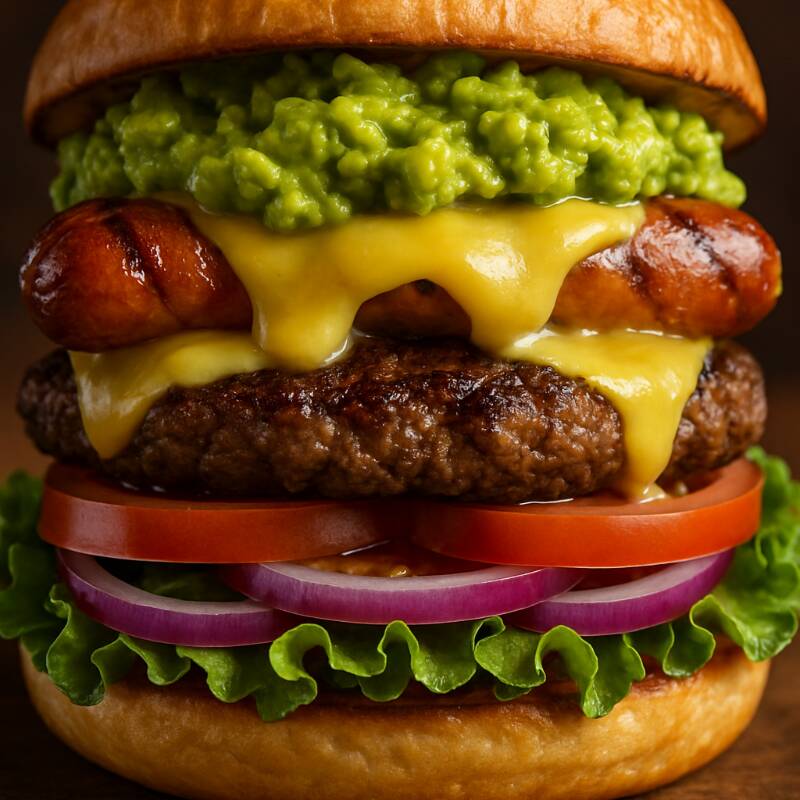 Burgue de Salchicha y Guacamole Con Papas