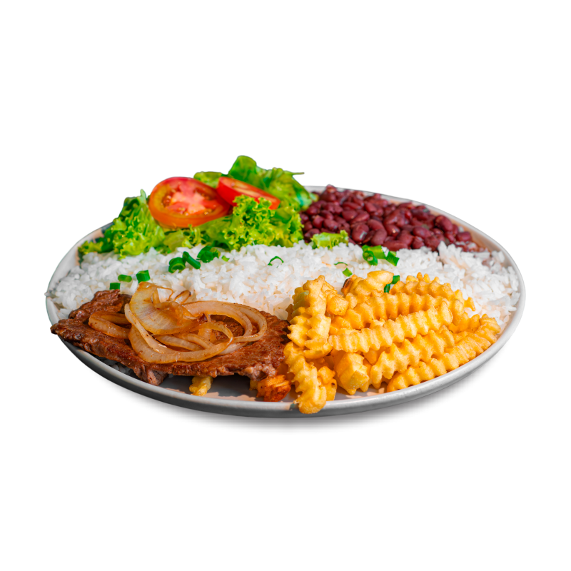 Contrafilé bovino acebolado, arroz, feijão, salada de alface, tomate e Hakuna Batata.