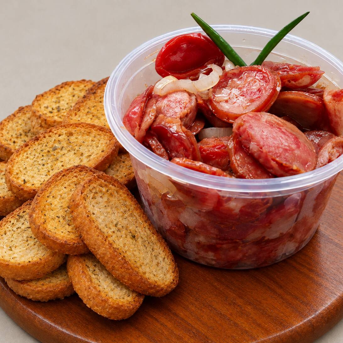 combo de linguiça calabrea acebolada aproximadamente 400 gr, com uma porção com 12 torradas