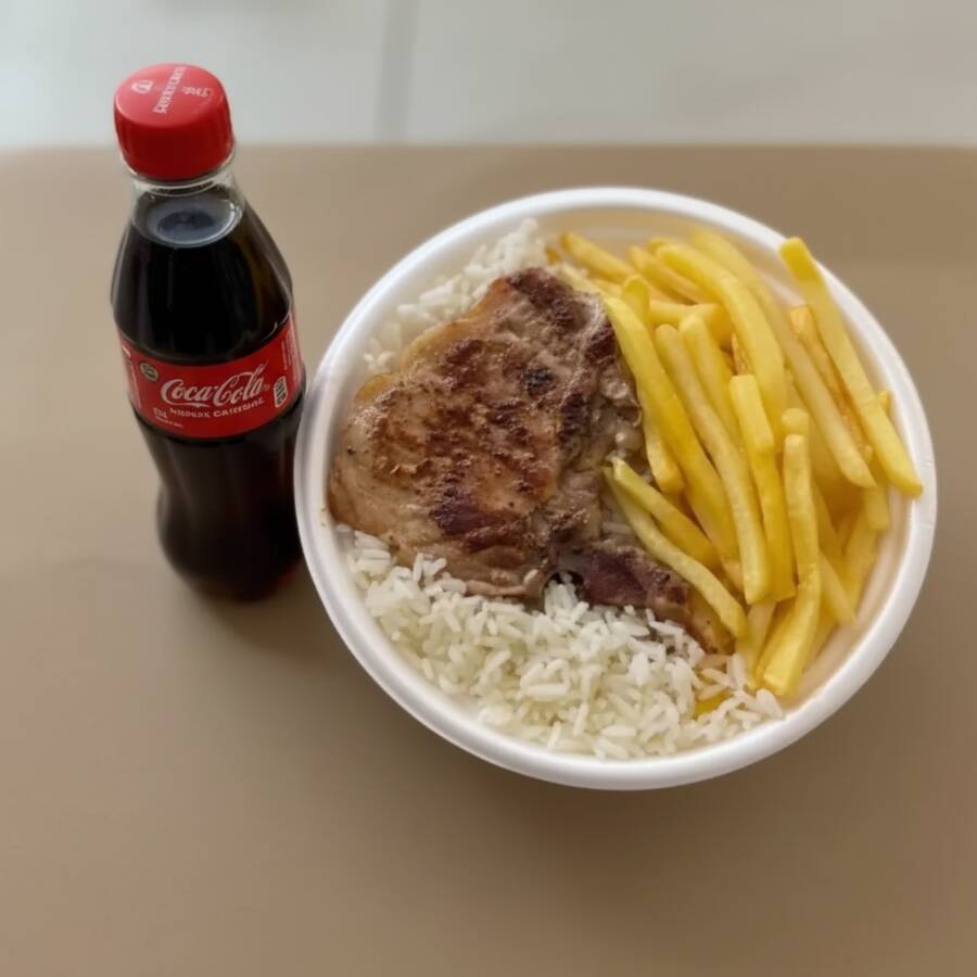 Marmita com deliciosa bisteca suína preparada com arroz branco, feijão e batatas fritas. Acompanha refrigerante pet Coca Cola bem gelado. Marmita indicada para 01 pessoa. Serve 1 pessoa (400g)