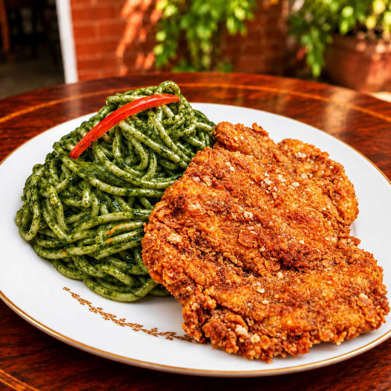 Tallarines verdes con broaster