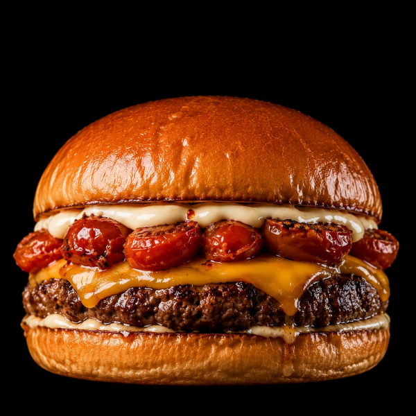 Hambúrguer de Costela 210g, Queijo Cheddar, Maionese Kewpie da Casa e Tomate Confit Defumado. Combinação Perfeita Entre Defumado, Cremosidade e Suculência!