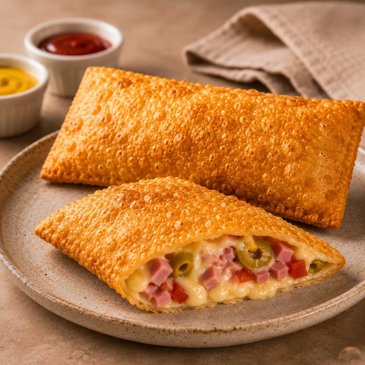 Mini Especial de Bauru 21 cm. Com: Presunto, queijo, tomate, ovo e azeitonas em um pastel bem caprichado, crocante por fora e bem gostoso por dentro. Combine com complementos e deixe do seu jeito.