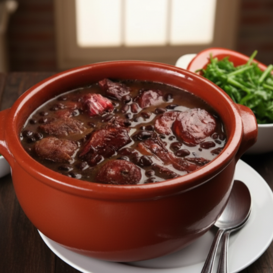 2 guanições de arroz, couve, 3 bisteca, pimenta, farofa e a feijoada.