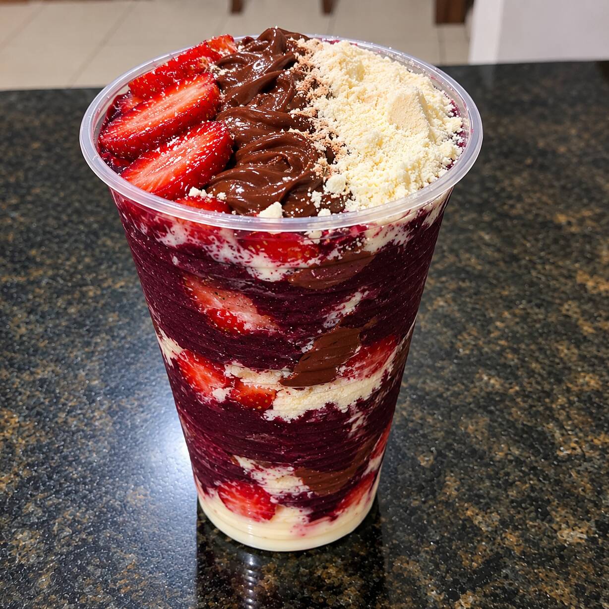 Morango , creme de avelã, leite em po