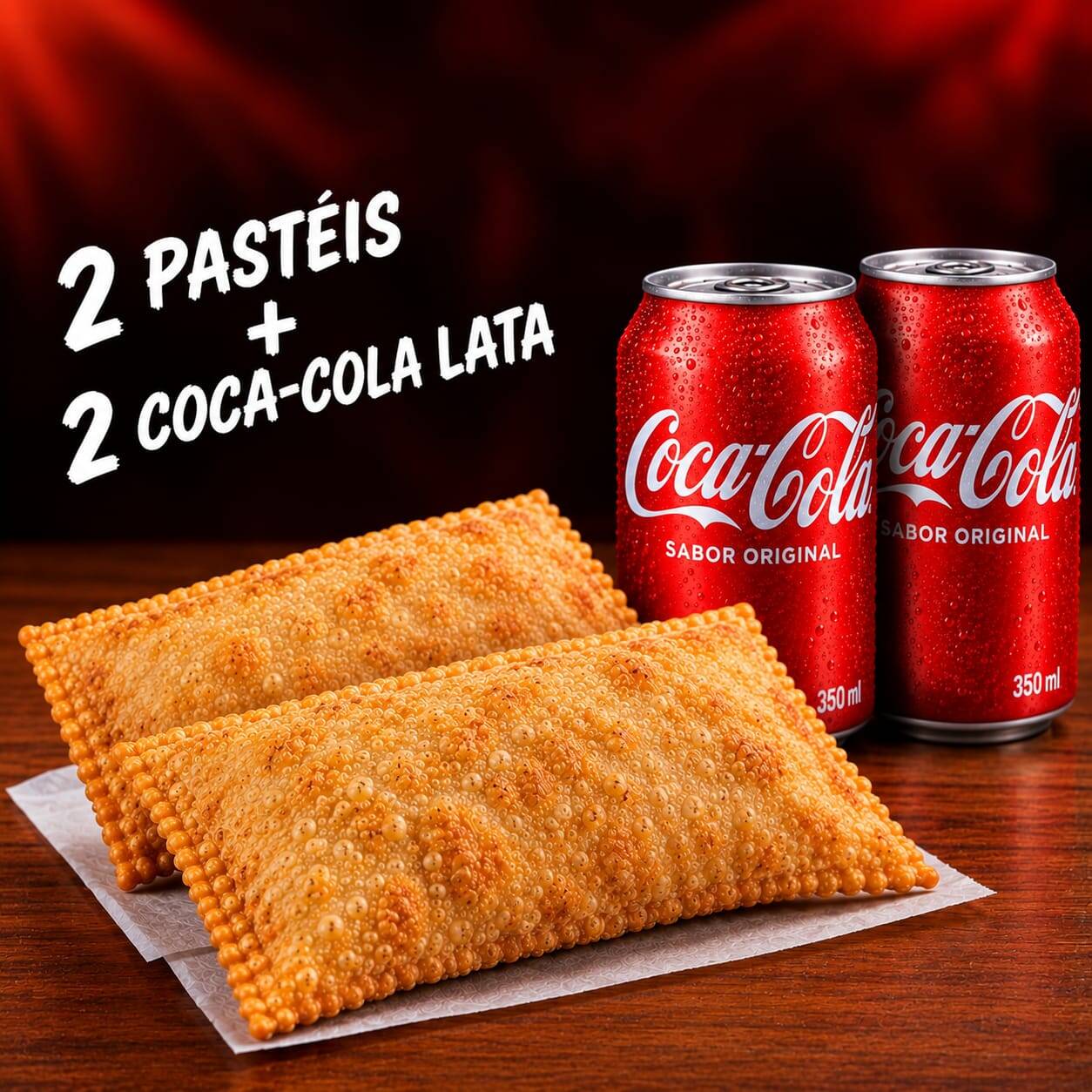 2 Pastéis à sua escolha + 2 Coca-Colas Lata (350ml). A refeição completa para duas pessoas! Escolha os sabores dos seus pastéis crocantes e quentinhos e aproveite com as bebidas geladinhas