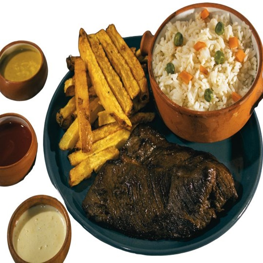 Bistec Flameado con Arroz y Papas