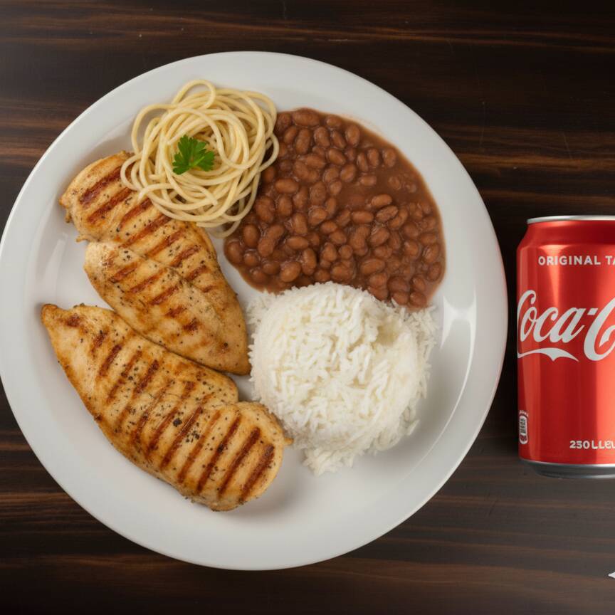 Filé de frango grelhado no ponto, suculento e saboroso, servido com arroz branco soltinho, macarrão ao alho e óleo e feijão bem temperado. Simples e delicioso!