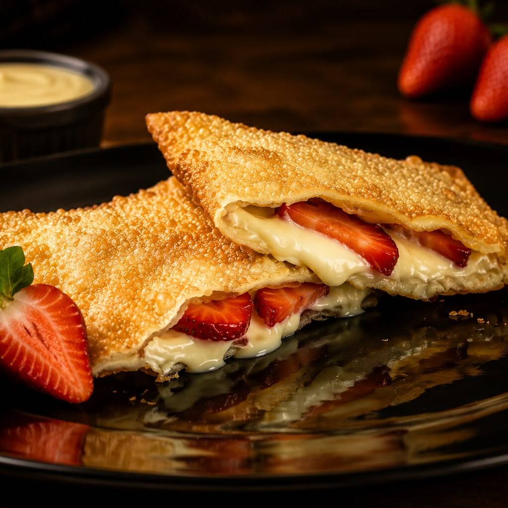 Chocolate branco cremoso com morangos frescos, criando uma combinação delicada e irresistível.