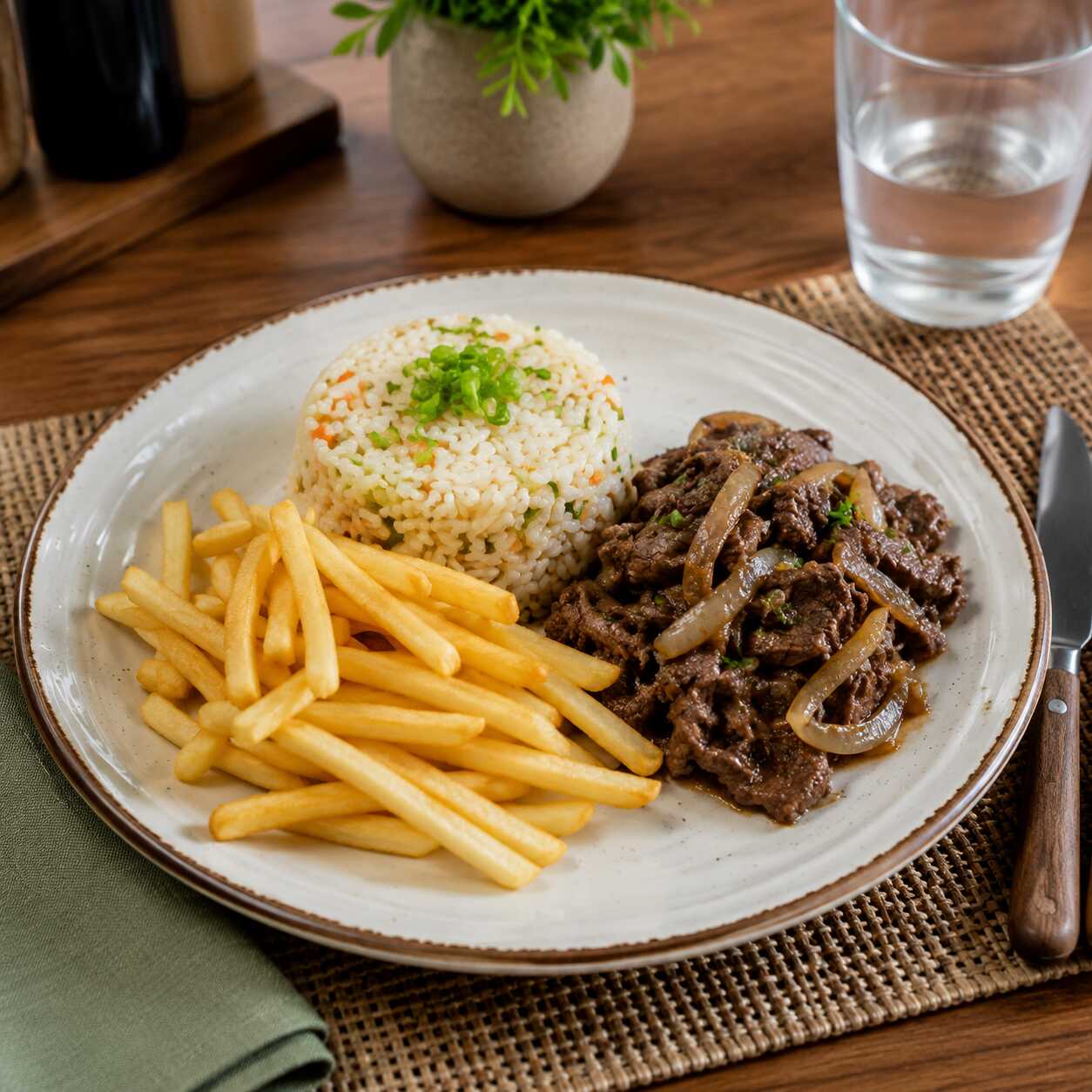 Cubos de Carne Bovina preparados no Molho Oriental da Casa com Cebola Fresca Salteada. Combinação Clássica, Intensa e Irresistível.