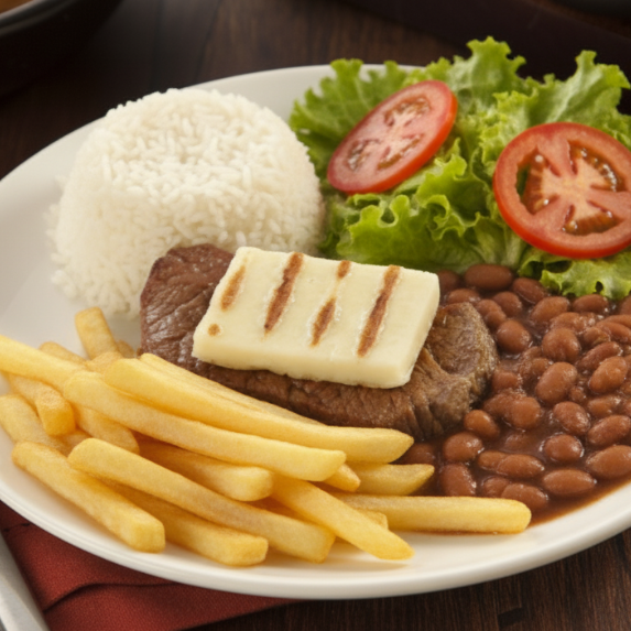 Bife de contra filé a moda da casa! Acompanhado de queijo coalho, arroz, feijão, farofa, fritas e salada.