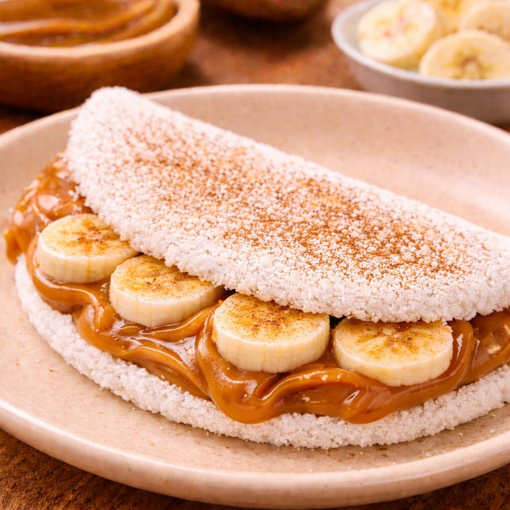 Tapioca quentinha e macia, recheada com doce de leite cremoso, banana fatiada e um toque de canela, trazendo uma combinação doce, aromática e irresistível. Perfeita para sobremesa ou para um lanche especial a qualquer hora do Dia!