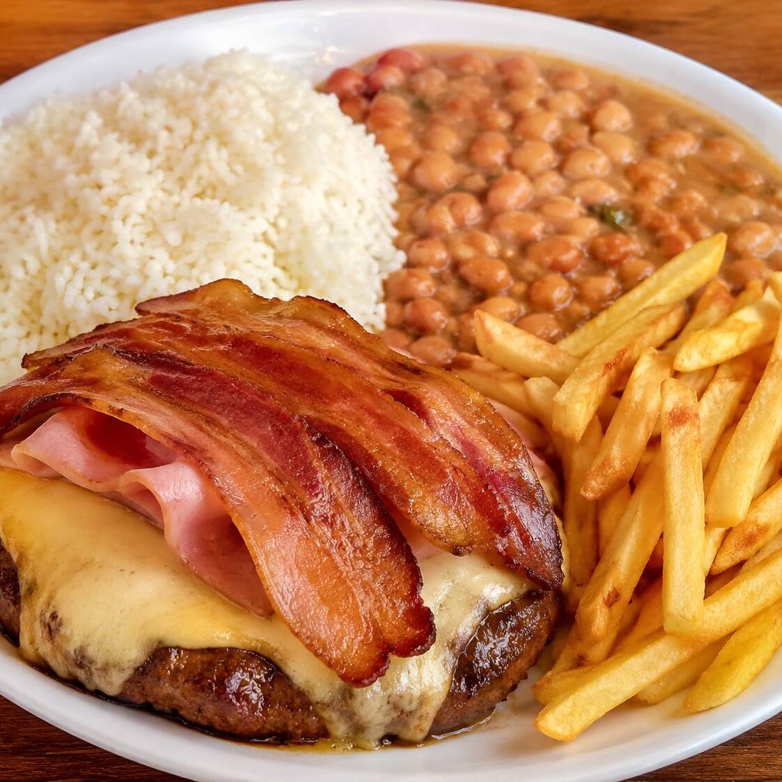 Delicioso hambúrguer grelhado na chapa, coberto por fatias derretidas de queijo e presunto, finalizado com bacon crocante, acompanha arroz branco, feijão carioca, batata frita crocante .