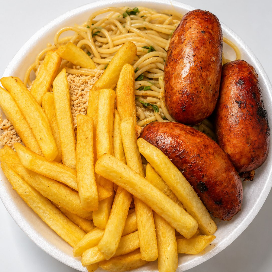 LINGUIÇA TOSCANA C/ BATATA RITA , ARROZ, FEIJÃO, E FAROFA. Embalagem 500ML