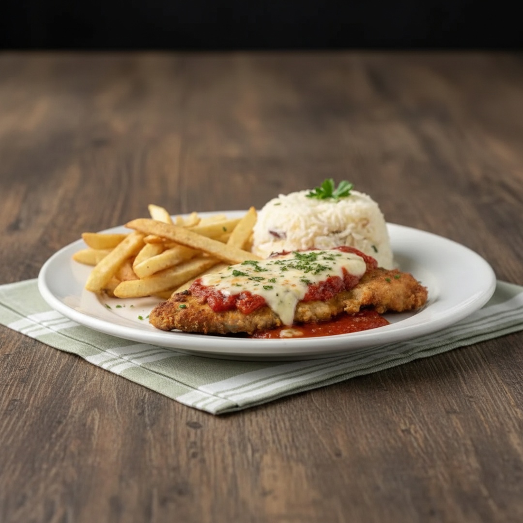 Suculento peito de frango a parmegiana acompanhando de uma deliciosa batata frita crocante e arroz soltinho ou Macarrão