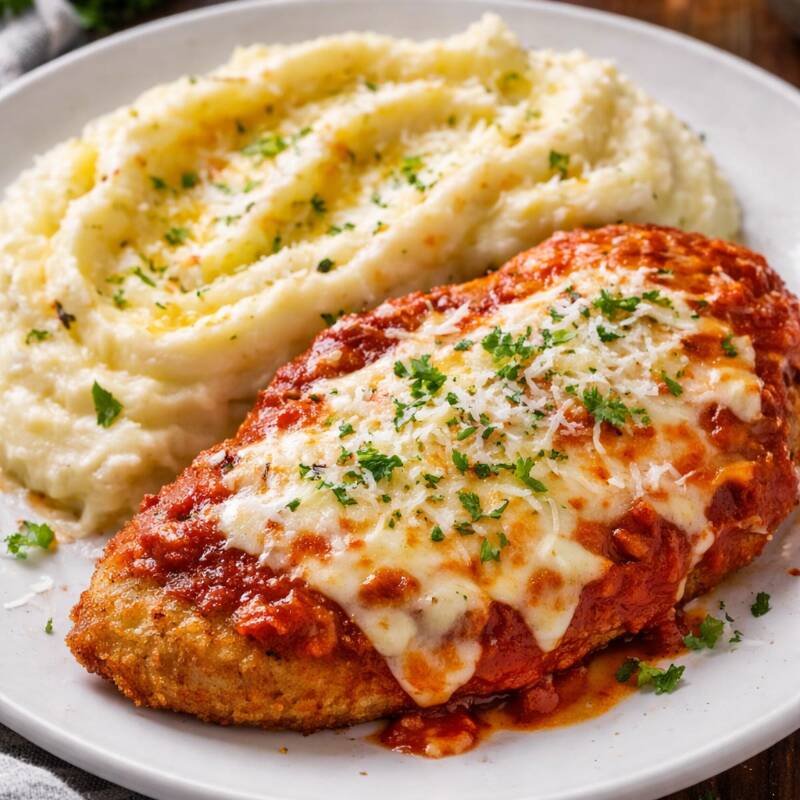Filé de frango empanado, coberto com mozzarella gratinada e servido ao molho de tomate pellati. Acompanha purê de batatas.