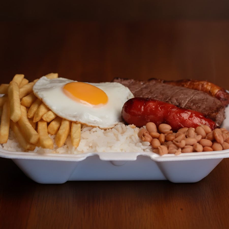 Picanha, Linguiça, Ovo com Arroz soltinho, Feijão bem temperado e Fritas (800g)