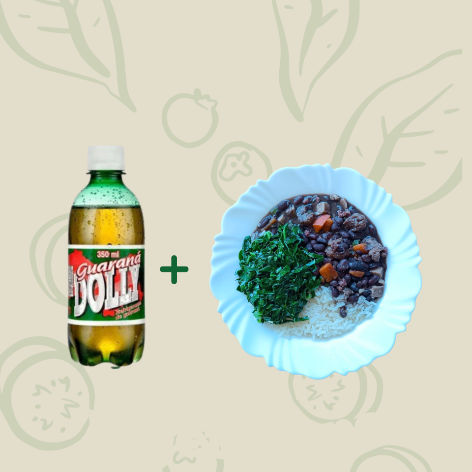 Deliciosa feijoada vegana em uma embalagem de 500ml (Acompanha arroz e couve) + Dolly Guaraná 350ml Ingredientes: Feijão, Soja em cubo, Soja de calabresa, Cenoura, Pimentão, Tofu, Alho, óleo e Cebola.(SEM GLÚTEN)