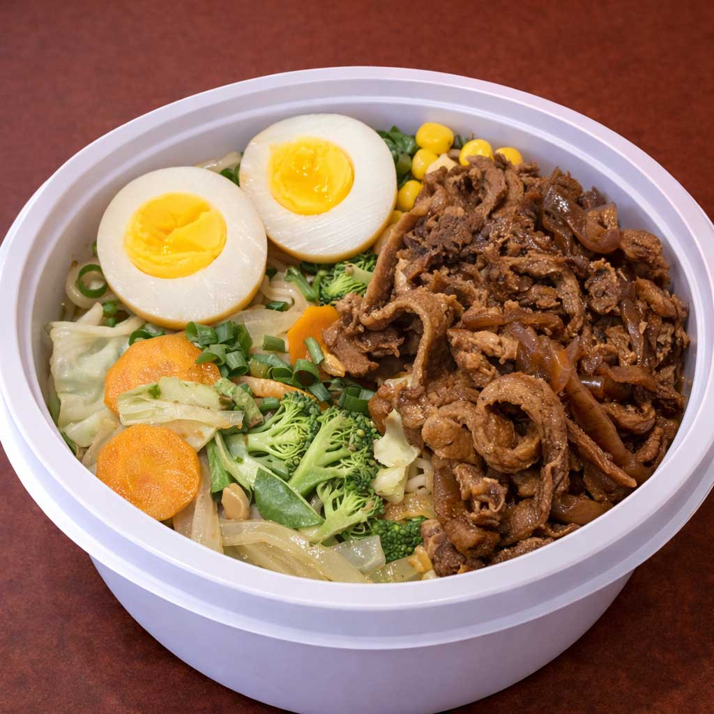 Misso lamen gyu vai ovo com gema cremosa, legumes refogados e costela bovina sem osso fatiada e temperada com molho agridoce. O caldo vai em uma embalagem separada para conservar a qualidade dos ingredientes, principalmente a massa do lamen. (imagem ilustrativa) Nosso misso lamen é preparado com o caldo de galinha de produção própria que leva mais de 6 horas para ficar pronto. Também na pasta de misso são acrescentados mais 10 temperos japoneses e orientais para acrescentar mais sabor ao caldo. A massa utilizada tem 30cm de comprimento seguindo a tradição dos melhores lamenyas do Japão, inclusive com farinha de trigo importada. O resultado é um lamen preparado com muito cuidado e carinho e com sabor que irá surpreender.