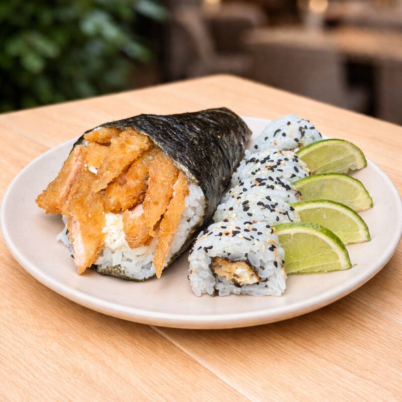 Delicie-se com 5 uramakis de camarão empanado, recheados com sabor e crocância irresistíveis, acompanhados de 1 temaki de salmão empanado, cremoso por dentro e com aquele toque especial da casa. Uma combinação perfeita para os amantes de sabores orientais!