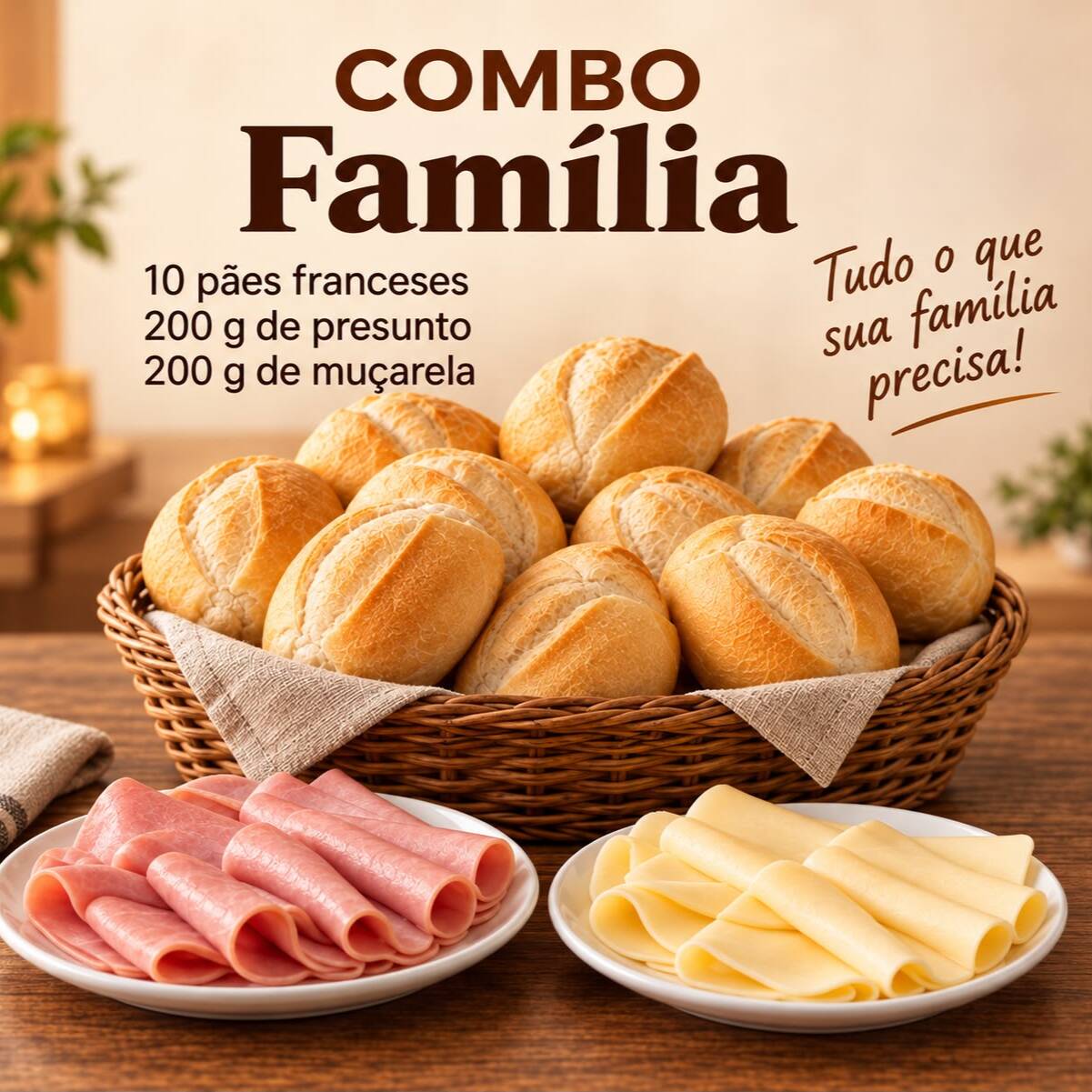 10 pães + 200 g de presunto + 200 g de muçarela. Ideal para compartilhar.