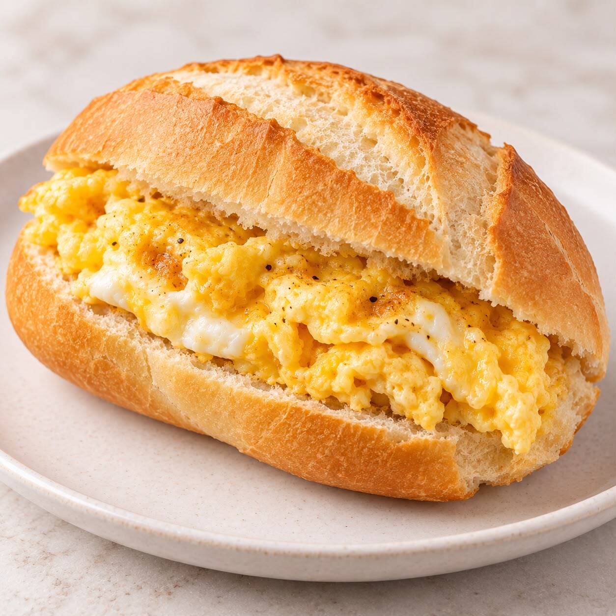 Pão francês fresquinho recheado com ovo preparado na hora.