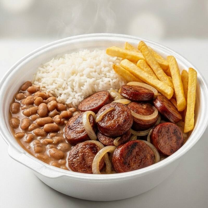 Guarnições: Arroz, Feijão, Batata Frita, Farofa e Salada.