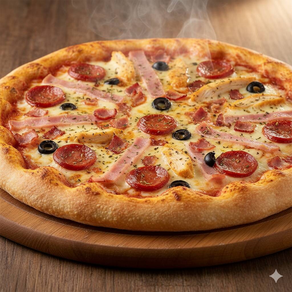 MASSA/ MOLHO TOMATE NATURAL / FRANGO DESFIADO / CALABRESA FATIADA / PRESUNTO FATIADO / MUSSARELA / BACON / AZEITONA E ORÉGANO.