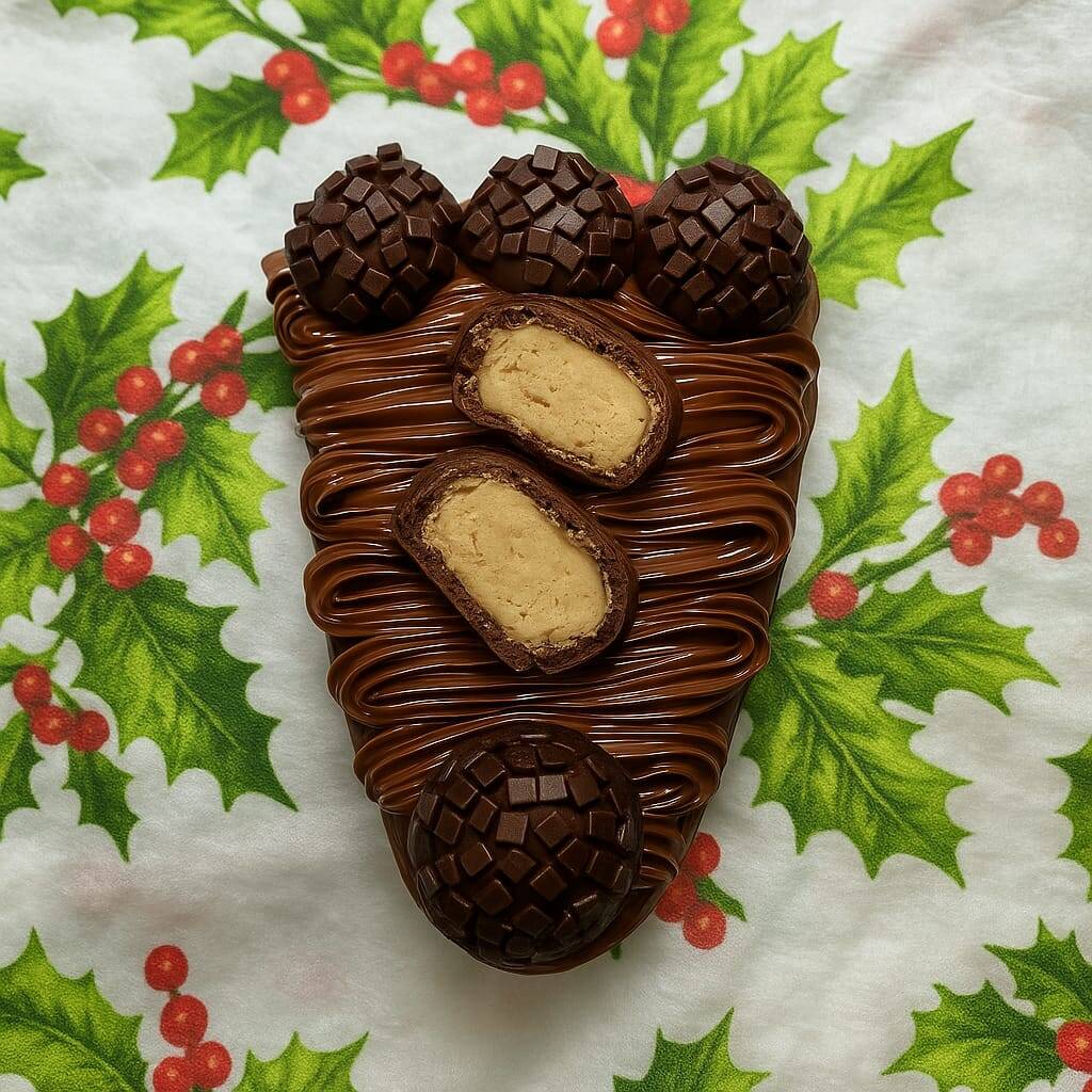 Fatia de bolo de chocolate c/ cobertura de chocolate c/ brigadeiro e morango