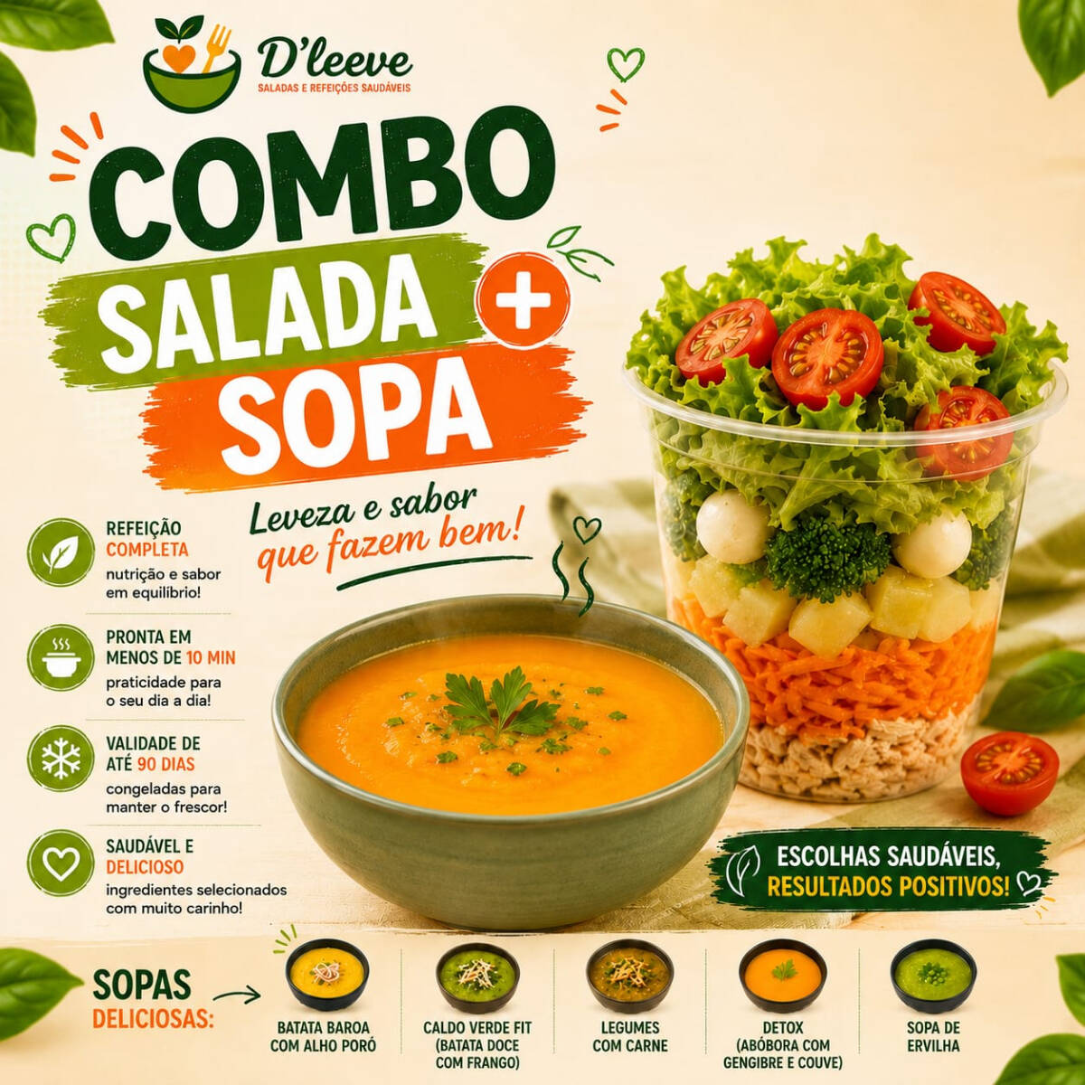 Uma combinação perfeita para deixar o seu almoço ainda mais completo. A salada é feita na hora, mas o caldo vai na marmita congelada e o tempo de preparo é de 6 a 10 minutos no microondas, dependendo da potencia. O ideal é sempre colocar o menor tempo e ir olhando para não passar do ponto.
