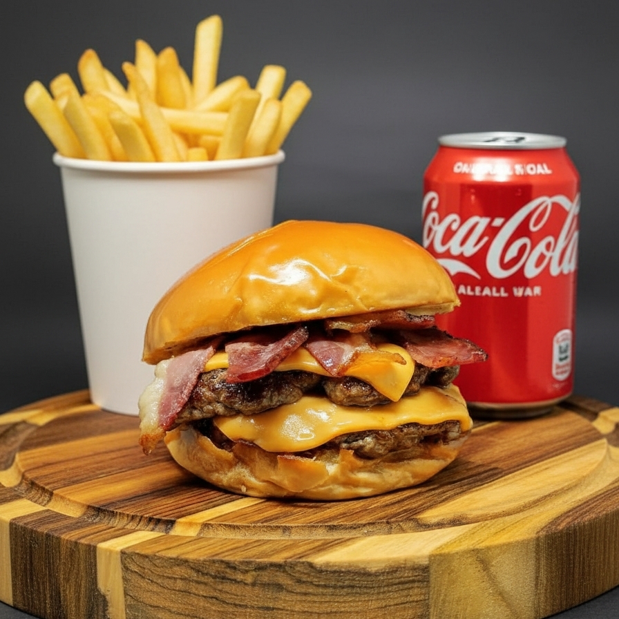 Pão Brioche, 2 carnes smash 100g, fatia de queijo Cheddar Polenghi, Bacon em cubos e Molho Fire + batata + refri