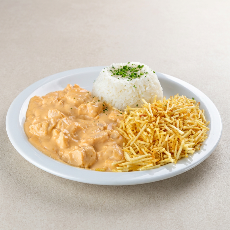 Arroz Soltinho, Strogonoff Maravilhoso e Batata Palja