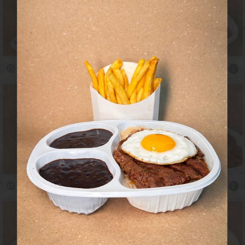 Arroz, Feijão, Farofa, Batata frita, 2 bife de alcatra, 1 ovo