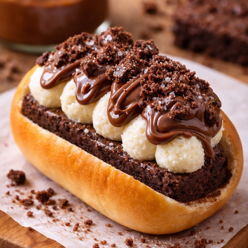 BROWNIE DE CHOCOLATE, BRIGADEIRO DE NINHO, NUTELLA E PEDAÇOS DE BROWNIE.