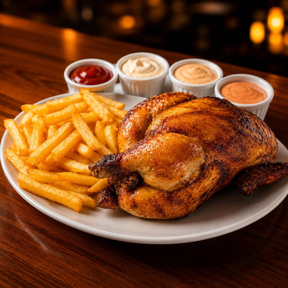 POLLO ENTERO + PAPAS FRITAS + CREMAS
