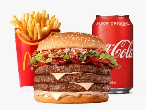 Composto por três hambúrgueres de carne 100% bovina, o icônico molho tasty, uma combinação especial de bacon crispy e fatias de Bacon, queijo processado sabor emental, tomate, alface, cebola, tudo isso no pão com gergelim, acompanhamento e bebida